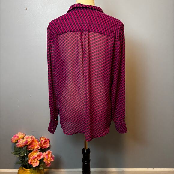 Liz Claiborne Vibrant Purple Pink Sheer Button Up Blouse Cross Plaid Large - Picture 3 of 8